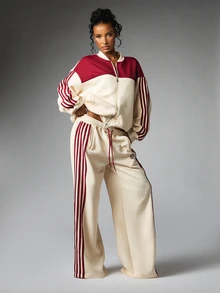 BABYPHAT Wide Leg Track Pants With Burgundy Side Stripe Panel Snap Button Detail Drawstring Waist And Embroidered Sheild Logo - Apricot - View 6