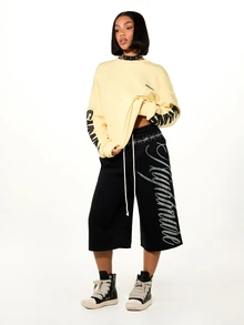 SUMWON Wide Leg Bermuda Shorts With Rhinestone Script Leg Print And Barbed Wire Waistband Detail Drawstring Elasticated Waist - Black - View 5