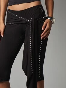 MISSGUIDED Low Rise Cropped Leggings With Silver Stud Embellishment And Tie Wrap Waist Detail Party Festival Style - Black - View 4