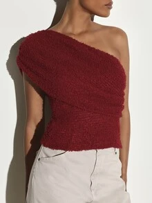 KSTM One-Shoulder Fuzzy Boucle Crop Top With Puff Sleeve And Asymmetric Neckline Perfect For Fall Winter Date Night - Red - View 4