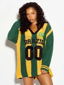 SUMWON WOMEN Atasan Sweater Rajut Oversize dengan Patch Bendera Brasil, Leher V, Lengan Panjang, Garis Vertikal, dan Aplikasi Nomor Gaya Varsity untuk Musim Piala Dunia - MultiWarna - View 1