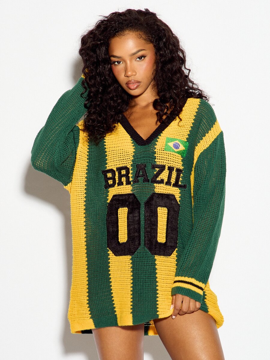 SUMWON WOMEN Atasan Sweater Rajut Oversize dengan Patch Bendera Brasil, Leher V, Lengan Panjang, Garis Vertikal, dan Aplikasi Nomor Gaya Varsity untuk Musim Piala Dunia - MultiWarna - View 1