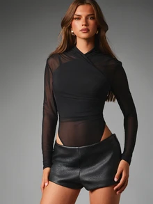 MISSGUIDED Black Mesh Long Sleeve Bodysuit With Wrap V-Neck And Ruched Detail Semi Sheer Overlay Party Night Out One-Piece - Black - View 1