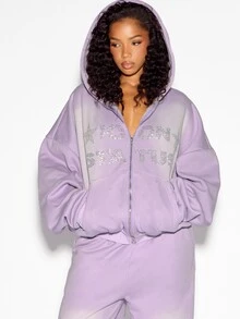 SUMWON WOMEN Oversized Full-Zip Hoodie With Rhinestone Icon Status Print Washed Effect Long Sleeve Casual Sweatshirt Fall Winter - Pink - View 4