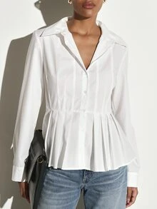 KSTM Pleated Peplum Button-Down Shirt With Spread Collar And Fitted Long Sleeves Spring Summer Office Chic Waist-Defining Woven Top - White - View 4