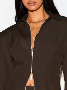 KIZN Zip-Up Tailored Blazer Jacket With Point Collar Structured Shoulders And Gold Hardware Perfect For Office Work And Formal Occasions - Chocolate Brown - View 4