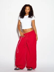 SUMWON WOMEN Wide Leg Loose Fit Casual Pants With Cursive Script Leg Print Low Rise Drawstring Waist Elastic Ankle Cuff Summer Street Style - Red - View 5
