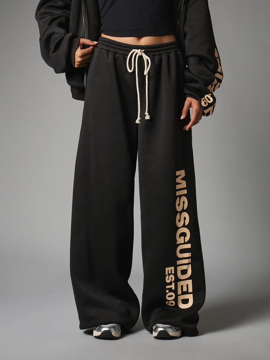 MISSGUIDED Est 09 Wide Leg Jogger Sweatpants With Bold Leg Print Drawstring Waist Fleece Casual Lounge Pants - Black - View 1