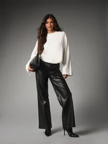 MISSGUIDED Cream Oversized Bell Sleeve Blouse With Crew Neck Elasticated Hem Casual Everyday Relaxed Fit Long Sleeve Top Spring Summer - White - View 2