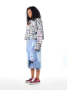 SUMWON Cropped Plaid Flannel Shacket With Pink Flame Sleeve Print Varsity Number Back Graphic Button-Up Collared Shirt Fall Winter - Multicolor - View 6