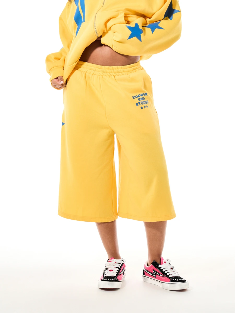 SUMWON Wide Leg Fleece Shorts With Varsity Logo Print, Elastic Waist, Culottes Style, Below Knee Length, Spring Summer - Yellow - View 1