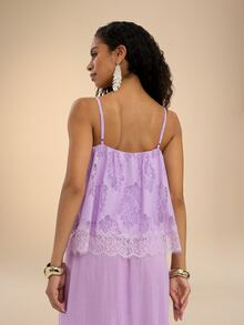 Dancing Leopard Purple Lace Scoop Neck Top, Holiday/Vacation Wear - Purple - View 2