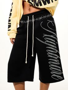 SUMWON Wide Leg Bermuda Shorts With Rhinestone Script Leg Print And Barbed Wire Waistband Detail Drawstring Elasticated Waist - Black - View 1