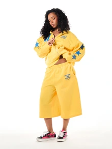 SUMWON Wide Leg Fleece Shorts With Varsity Logo Print, Elastic Waist, Culottes Style, Below Knee Length, Spring Summer - Yellow - View 3