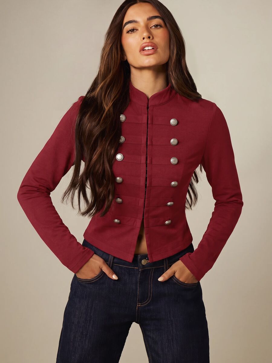 MISSGUIDED Military Style Cropped Jacket With Stand Collar Double Breasted Silver Buttons Band Fitted Long Sleeve Fall Winter Coat - Burgundy - View 1