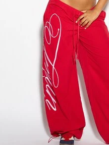 SUMWON WOMEN Wide Leg Loose Fit Casual Pants With Cursive Script Leg Print Low Rise Drawstring Waist Elastic Ankle Cuff Summer Street Style - Red - View 3