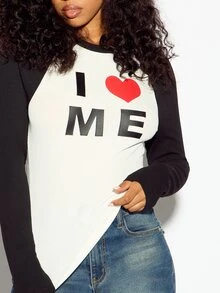 SUMWON WOMEN Atasan Crop Top Lengan Panjang Raglan Blok Warna dengan Slogan "I Love Me", Leher Bulat, dan Lengan Pas, Kaos Pernyataan Cinta Diri untuk Hari Valentine - Hitam dan Putih - View 4
