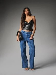 MISSGUIDED 高腰寬腿鉚釘牛仔褲，金屬鉚釘縫線細節，五口袋款式，全長牛仔長褲 - 藍色 - 查看 2