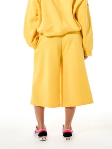 SUMWON Wide Leg Fleece Shorts With Varsity Logo Print, Elastic Waist, Culottes Style, Below Knee Length, Spring Summer - Yellow - View 2