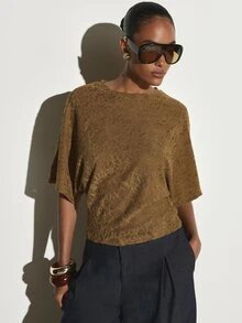 KSTM Textured Abstract Jacquard Crop Top With Crew Neck And Short Boxy Sleeves Relaxed Oversized Fit Summer Essential - Brown - View 3