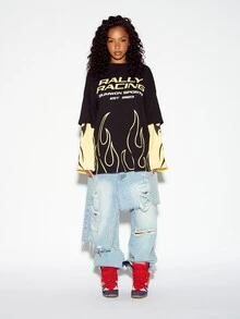 SUMWON WOMEN Kaos Grafis Oversize Olahraga Balap Reli dengan Motif Api dan Teks Tebal di Bagian Depan, Kerah Bulat, Bahu Longgar - Hitam - View 5