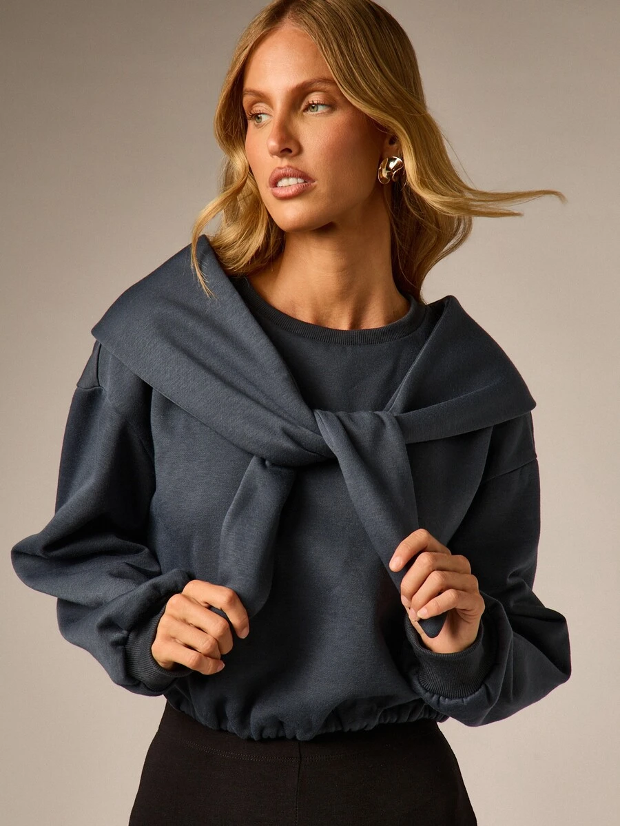 AiiRZ Oversized Crop Sweatshirt With Statement Tie Collar Detail Elasticated Hem Pullover Fall Winter Casual Layering Top - Navy Blue - View 1