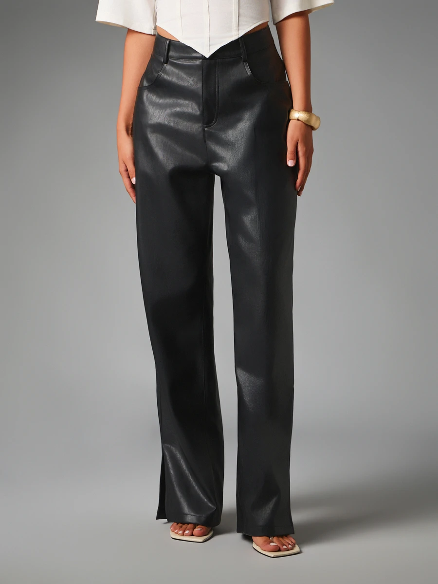 MISSGUIDED Faux Leather High Rise Flared Trousers With Side Split Hem And Front Slash Pockets - Fall Winter Evening Occasion Pants - Black - View 1