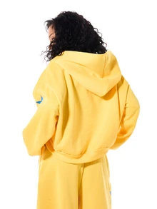 SUMWON Oversized Full Zip Hoodie With Star Sleeve Print And Contrast Stripe Detail Casual Streetwear Top Winter - Yellow - View 2
