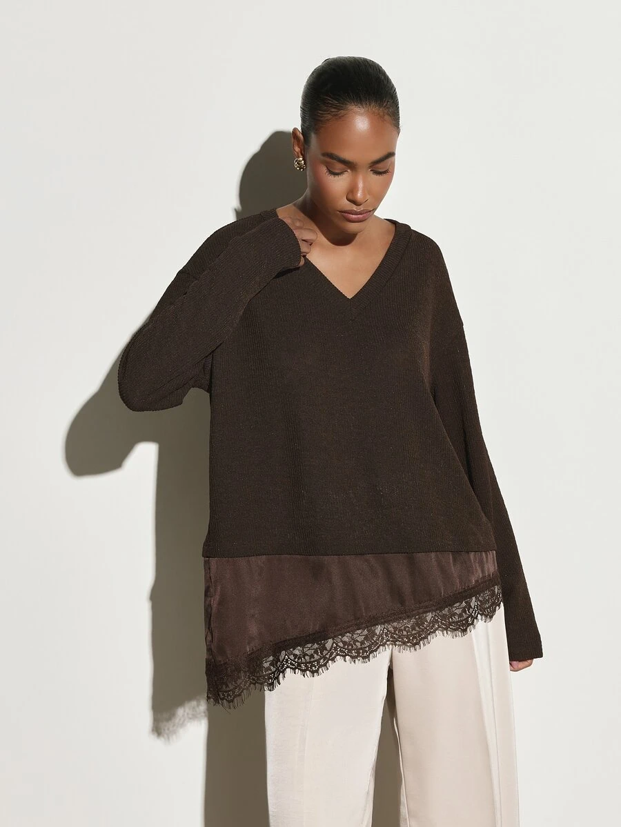 KSTM Sweater Rajut Bergaris Leher V dengan Hiasan Renda Satin di Bagian Bawah, Model Panjang High-Low, Atasan Pullover Lengan Panjang Oversized untuk Musim Gugur dan Musim Dingin - Coffee Brown - View 1