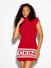 SUMWON WOMEN Sleeveless Turtleneck Bodycon Mini Sweater Dress With Bold Intarsia Text Hem Detail Ribbed Knit Winter Festival Party - Red - View 1