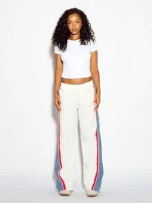 SUMWON WOMEN Celana Track Oversized Kaki Lebar dengan Blok Warna dan Detail Garis Kontras di Samping, Pinggang Elastis dengan Tali Serut, Celana Panjang Kasual untuk Musim Semi dan Musim Panas - MultiWarna - View 4