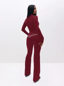 BABYPHAT Logo Zip-Front Mock Neck Long Sleeve Flare Leg Jumpsuit With Script Back Print And Cat Emblem Detail - Burgundy - View 2