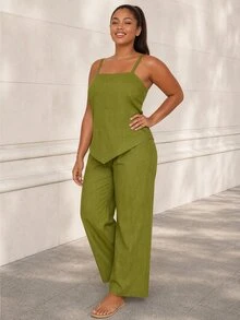 ELLERISSA Setelan Atasan Tanpa Lengan Leher Persegi dan Celana Panjang Lebar Warna Hijau Zaitun Bahan Linen Ukuran Plus - Olive Green - View 4
