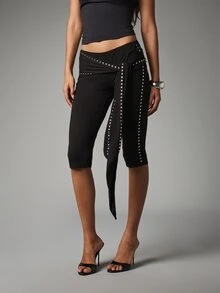 MISSGUIDED Low Rise Cropped Leggings With Silver Stud Embellishment And Tie Wrap Waist Detail Party Festival Style - Black - View 1