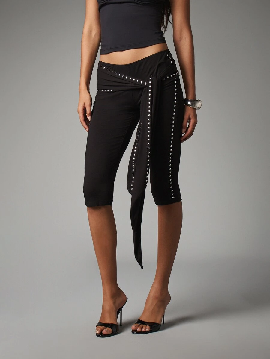 MISSGUIDED Low Rise Cropped Leggings With Silver Stud Embellishment And Tie Wrap Waist Detail Party Festival Style - Black - View 1