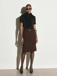 KSTM Rok midi pensil cokelat tua berpinggang tinggi dengan lipatan di pinggang, lubang ikat pinggang, dan saku tempel, cocok untuk pakaian kantor musim gugur dan musim dingin. - Coklat - View 2