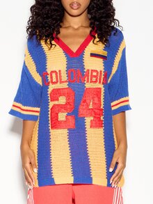 SUMWON WOMEN Colombia 24 Crochet Knit Color Block V-Neck Oversized Jersey Top With Flag Patch And Varsity Applique Detail - Blue - View 2