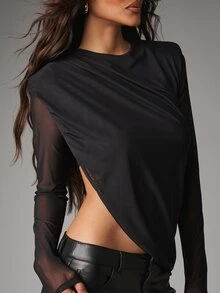 MISSGUIDED Sheer Mesh Long Sleeve Blouse With Cut-Out Hem Asymmetric Open Back Draped Top Fall Winter Party Night Out - Black - View 2