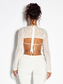 SUMWON WOMEN Sheer Lace Halter Neck Crop Blouse With Bell Sleeves Ruffle Trim Open Front Tie Detail Party Top - White - View 5