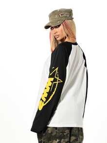 SUMWON WOMEN Oversized Raglan Long Sleeve Top With Graffiti Logo Print On Sleeves Colorblock Baseball Style Crew Neck Shirt - Black and White - View 2