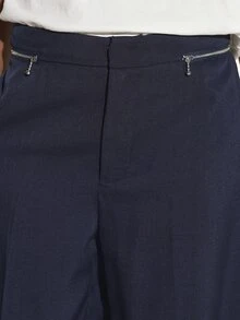 KSTM Wide Leg High Rise Dress Pants With Zip Pocket Detail Tailored Formal Trouser Full Length Palazzo Style Spring Summer Office Wear - Navy Blue - View 6