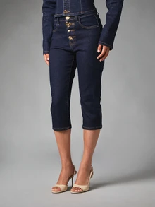 MISSGUIDED Celana Jeans Skinny Pendek Berpinggang Tinggi dengan Detail Kancing Emas Berornamen dan Jahitan Kontras Denim Gelap Model Capri untuk Pesta Musim Semi/Musim Panas - Dark Wash - View 1