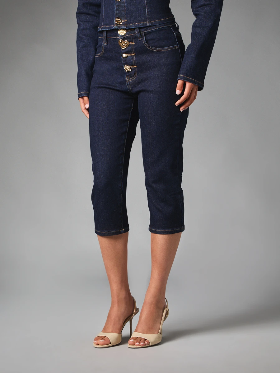 MISSGUIDED Celana Jeans Skinny Pendek Berpinggang Tinggi dengan Detail Kancing Emas Berornamen dan Jahitan Kontras Denim Gelap Model Capri untuk Pesta Musim Semi/Musim Panas - Dark Wash - View 1