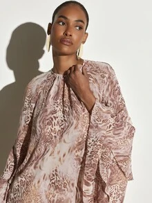 KSTM Tiered Ruffle Sleeve Leopard Print Chiffon Blouse With Gathered Neckline Oversized Flowy Top Spring Summer Party - Multicolor - View 4