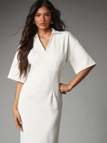 MISSGUIDED Gaun midi model sheath berkerah V dengan lengan pendek longgar dan belahan belakang, gaya elegan untuk kerja di kantor, musim semi dan musim panas. - Putih - View 2