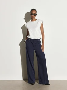 KSTM Wide Leg High Rise Dress Pants With Zip Pocket Detail Tailored Formal Trouser Full Length Palazzo Style Spring Summer Office Wear - Navy Blue - View 2