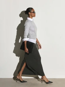 KSTM Charcoal Pinstripe Maxi Pencil Skirt With Belt Detail Mid Rise Fitted Silhouette Tailored Workwear Fall Winter Office Style - Grey - View 5