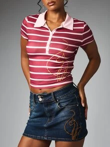 BABYPHAT Striped Crop Polo Top With Collared Neck Short Sleeves And Gold Cat Graphic Side Print Summer Y2K Style - Red Violet - View 4