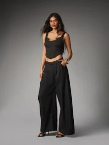 MISSGUIDED Wide Leg Dress Pants With Lace Waistband Trim Pleated Front High Waist Full Length Tailored Trousers Evening Party Holiday Occasion - Black - View 4
