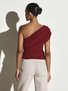 KSTM One-Shoulder Fuzzy Boucle Crop Top With Puff Sleeve And Asymmetric Neckline Perfect For Fall Winter Date Night - Red - View 5